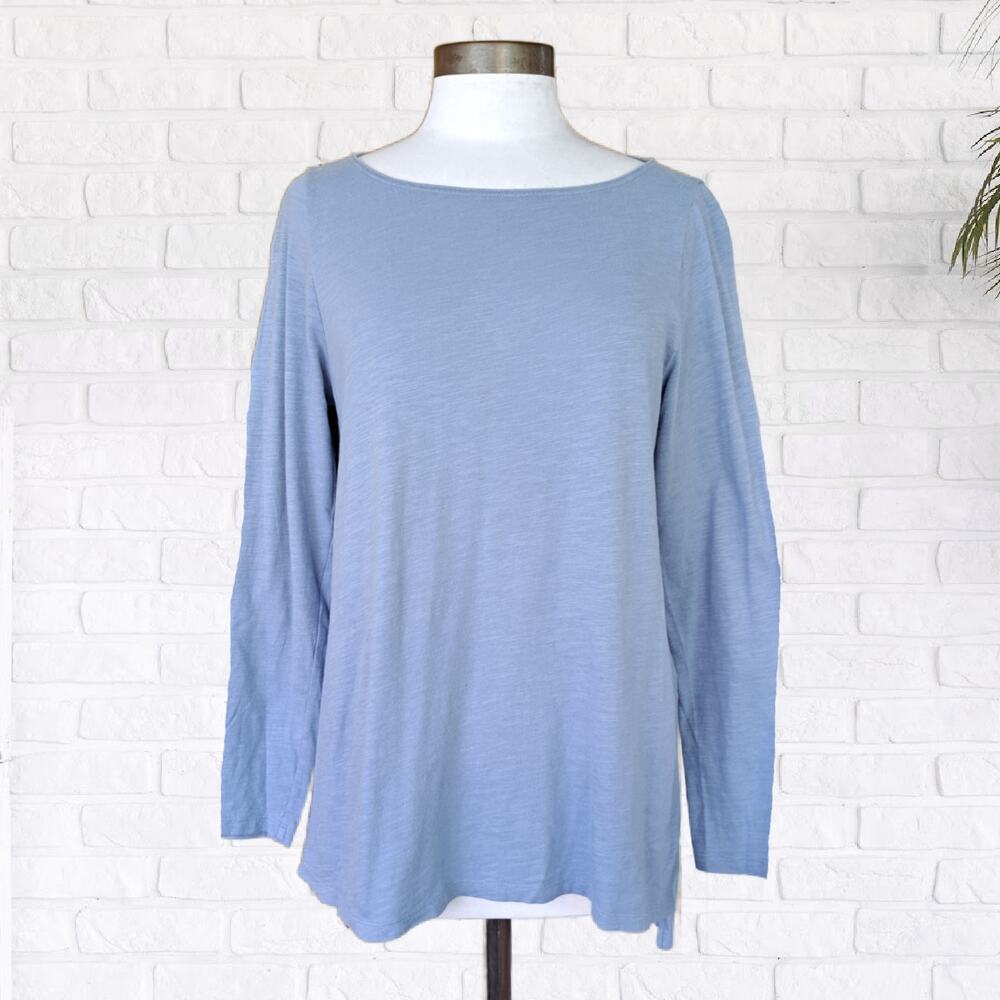 EILEEN FISHER Blue Boatneck Long Sleeve Tunic Tee Organic Cotton Small Top
